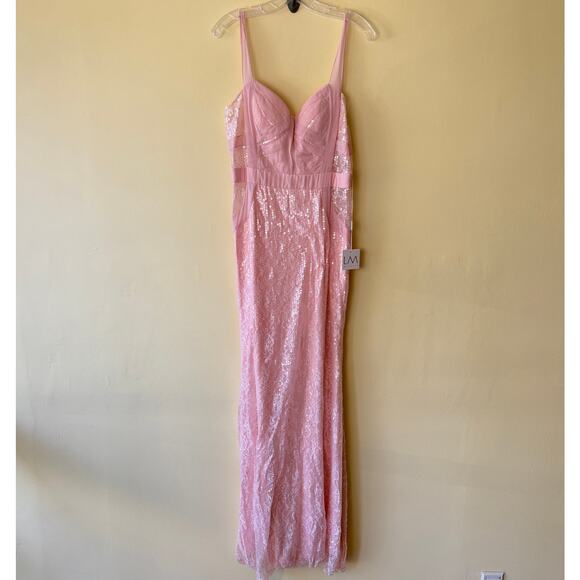 LM by Mignon Blush Pink Sequin Gown with Sheer Straps Fitted Silhouette Size 10 - Picture 1 of 8